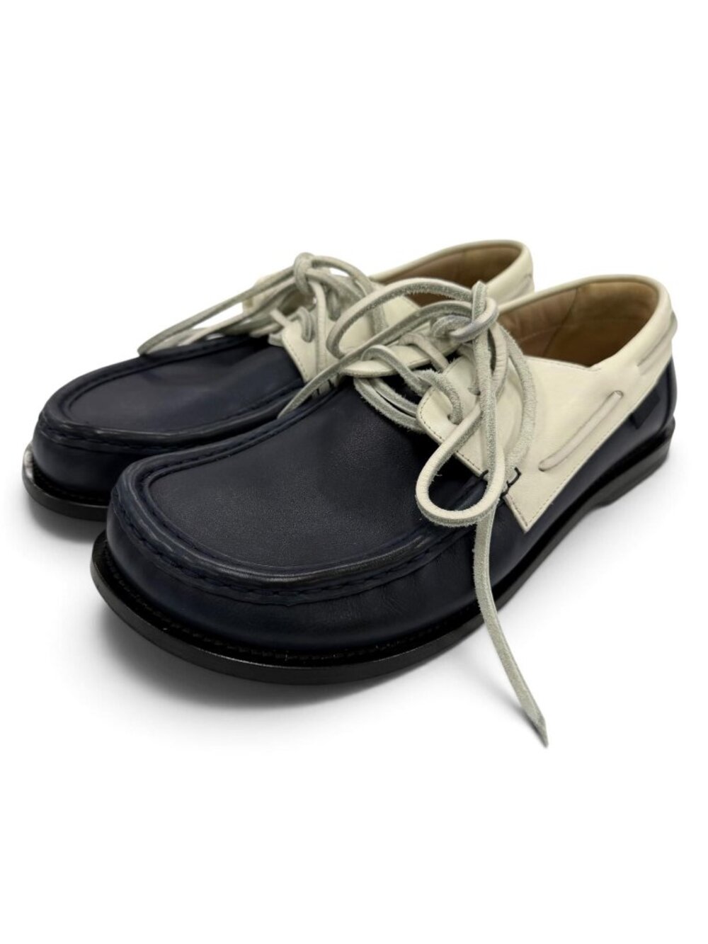 Loewe Campo Logo Stamp Leather Boatshoes Deckshoes Navy Ivory Flat